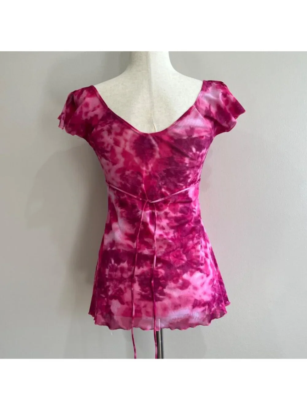 Y2K My Michelle Baby Doll Blouse Juniors M Pink Tie Dye Sheer Flutter Sleeve - Picture 3 of 6